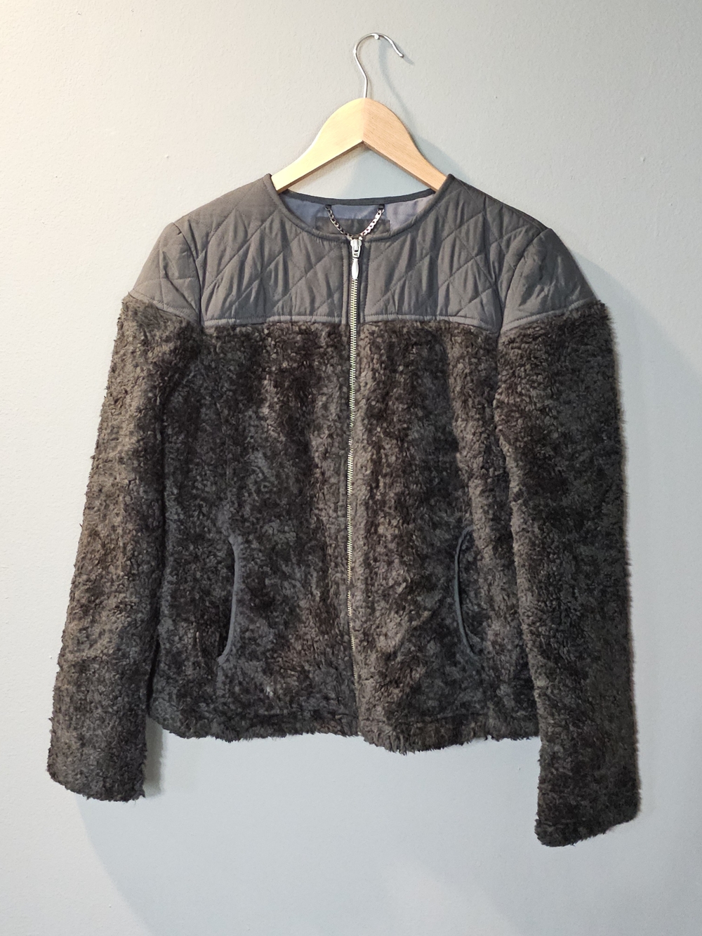 Prana Good Lux Fuzzy Black Sherpa Teddy Quilted Zip Jacket Womens S
